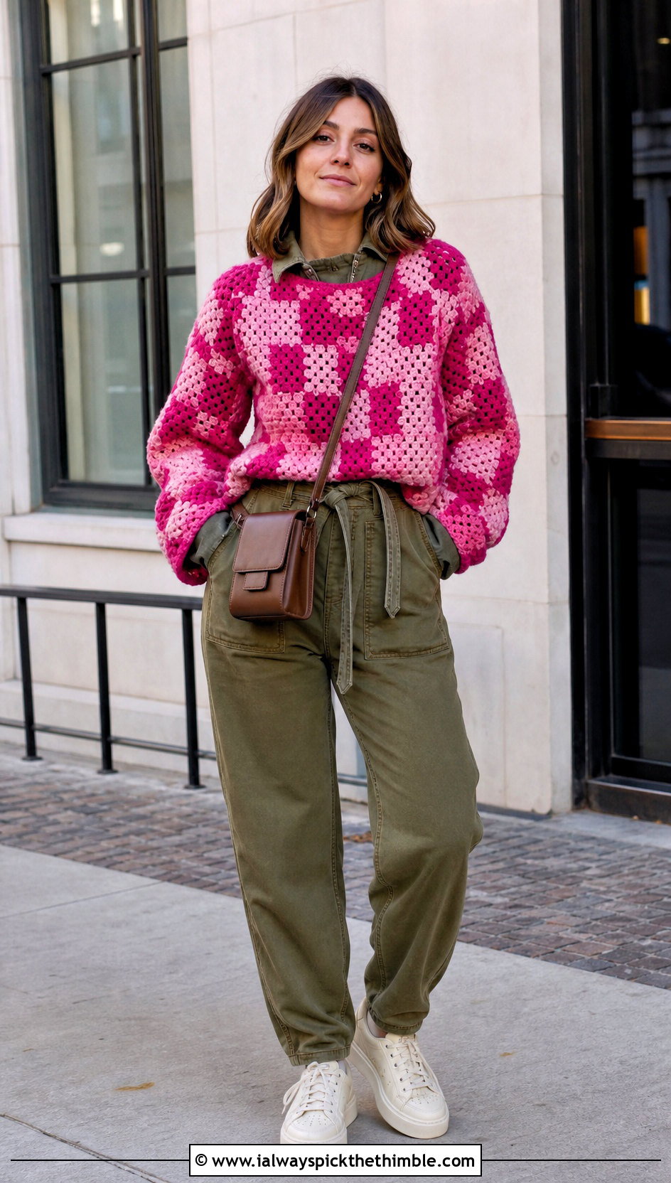 Checkerboard Granny Jumper With Utility Jumpsuit - 20 Crochet Granny Jumper outfit ideas