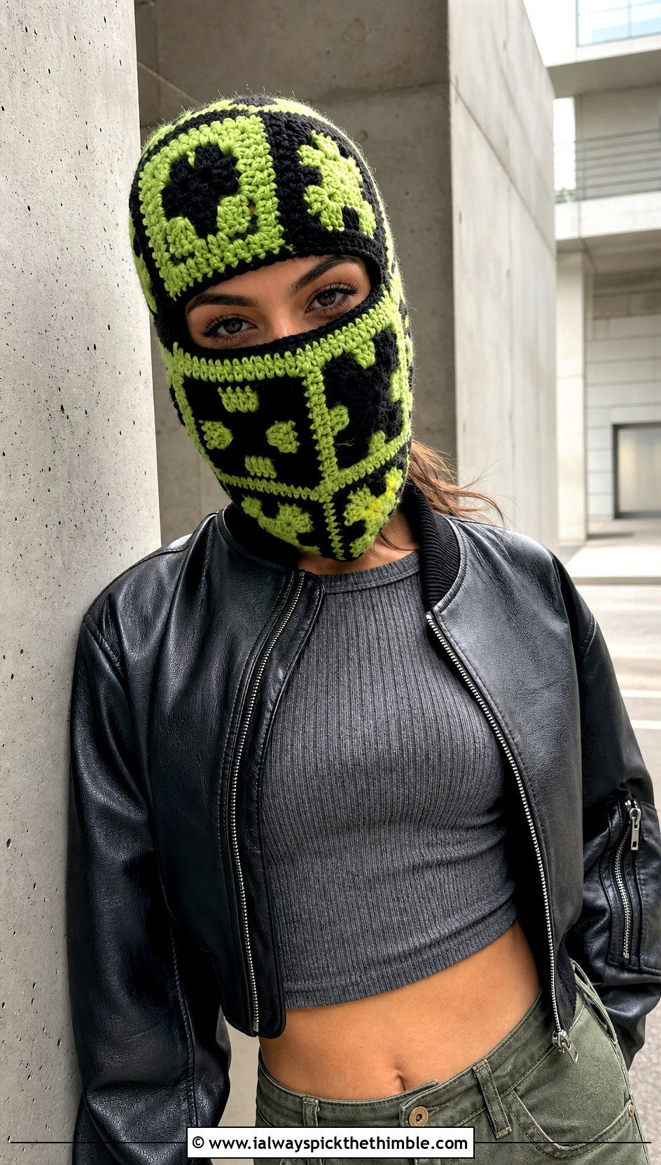Checkerboard Granny Square Balaclava With Leather Bomber And Cargo Pants - 25 granny square balaclava outfit ideas