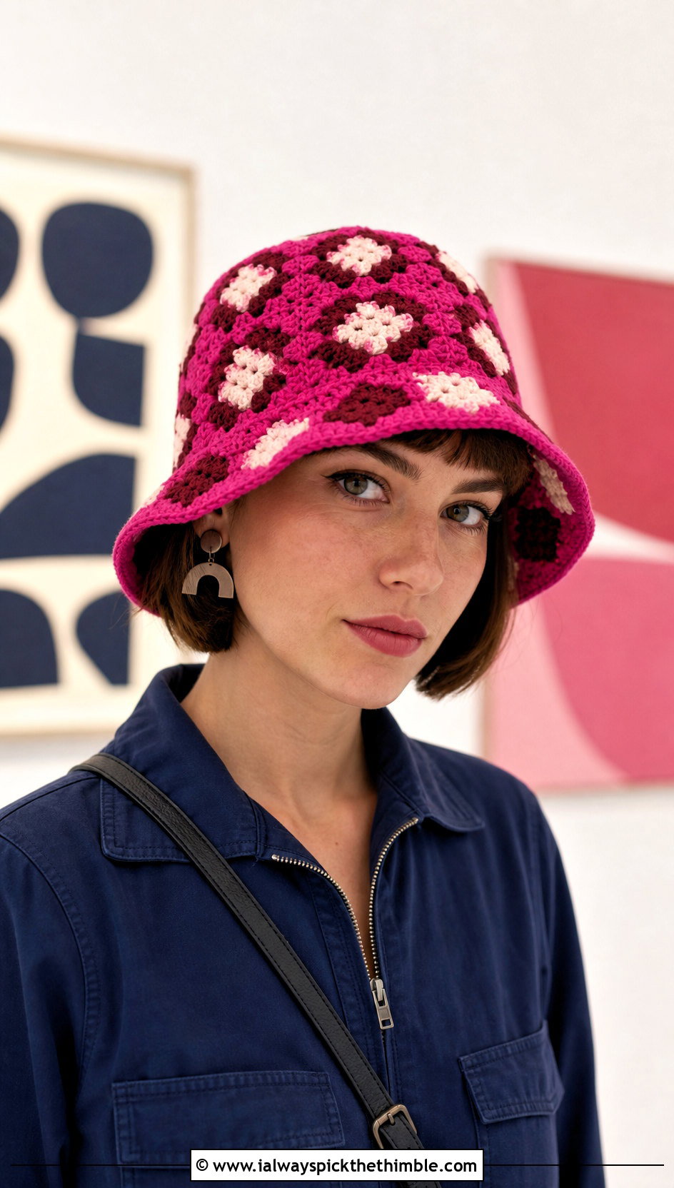 Checkerboard Granny Square Bucket Hat With Jumpsuit - 25 granny square hat outfit ideas