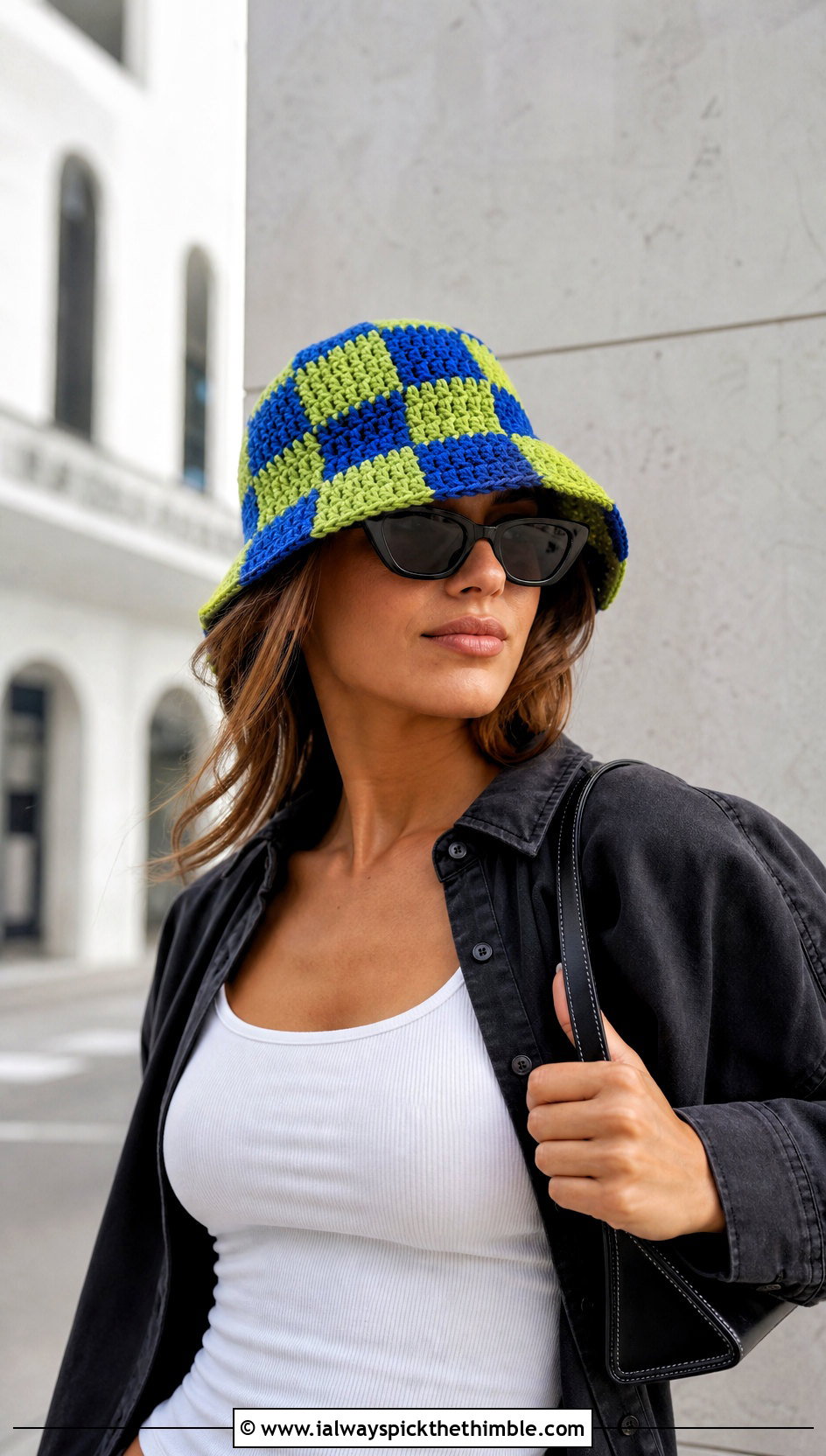 Checkerboard Granny Square Bucket Hat With Monochrome Outfit - 25 granny square hats outfit ideas