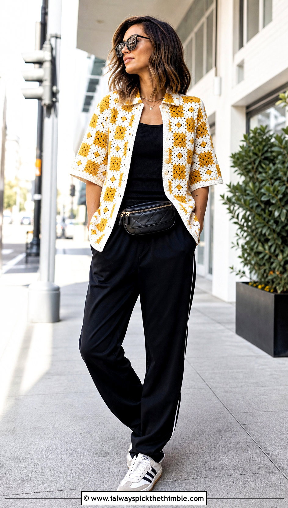 Checkerboard Granny Square Button Up Shirt With Track Pants - 20 Granny Square Button Up Shirt outfit ideas