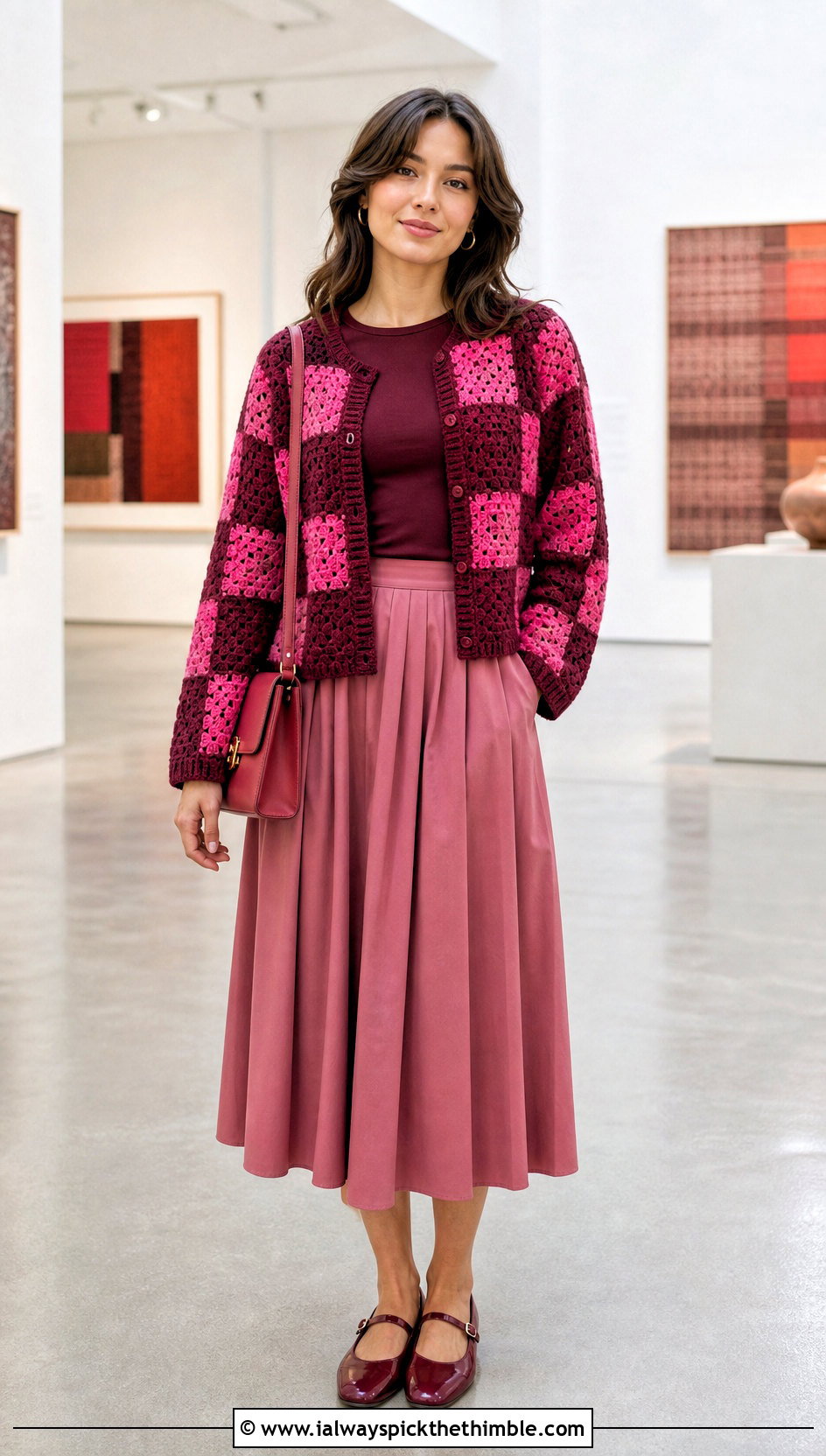 Checkerboard Granny Square Cardigan With A Pleated Midi Skirt - 20 cardigan with granny square outfit ideas