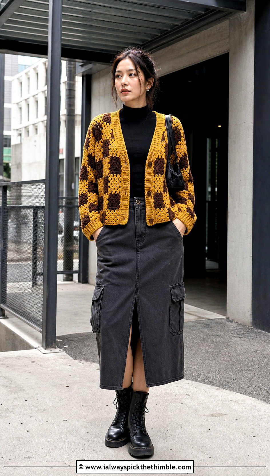 Checkerboard Granny Square Cardigan With Cargo Midi Skirt - 25 crochet granny square cardigan outfit ideas