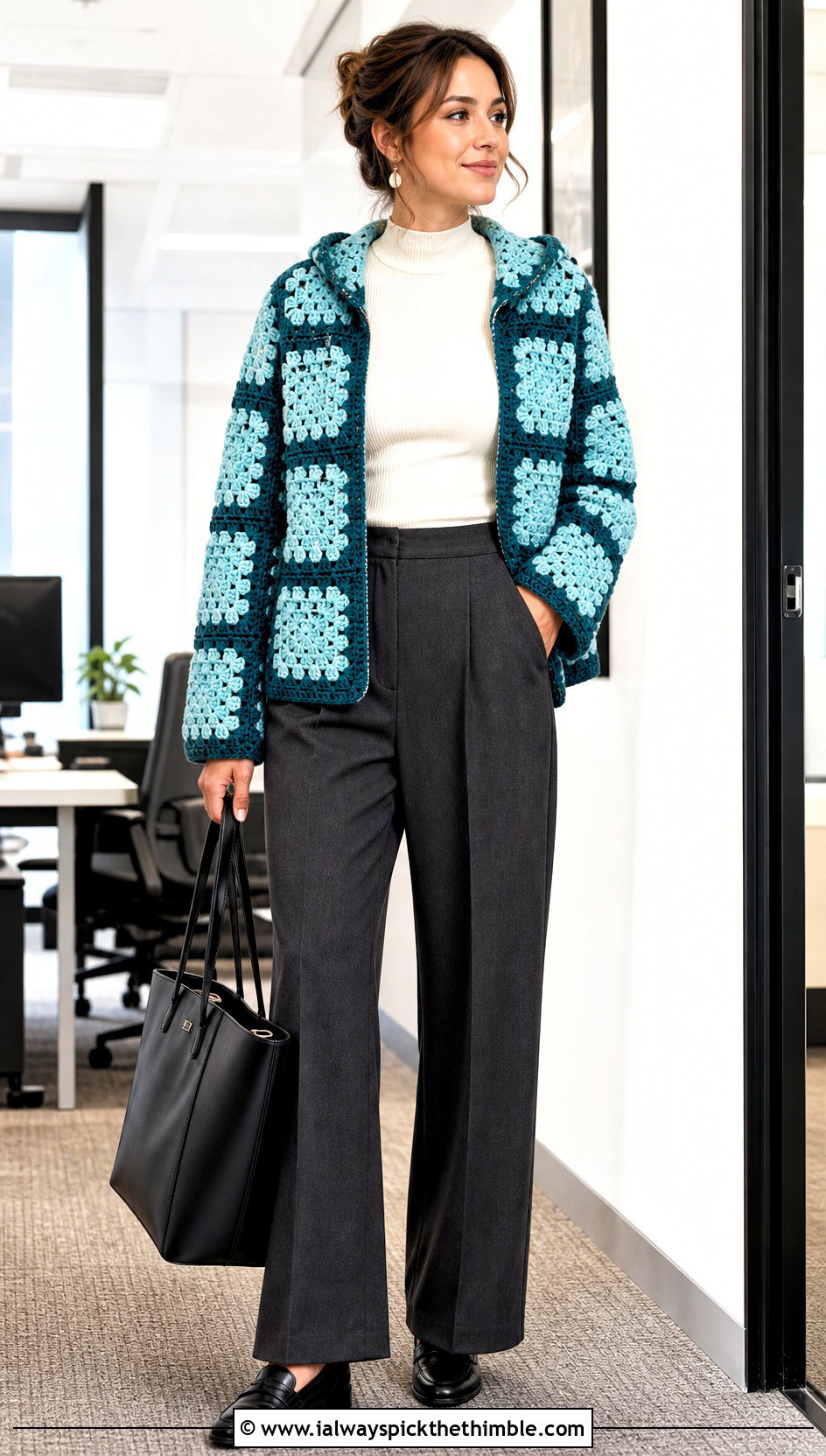 Checkerboard Granny Square Cardigan With Hood And Tailored Trousers - 20 granny square cardigan with hood outfit ideas