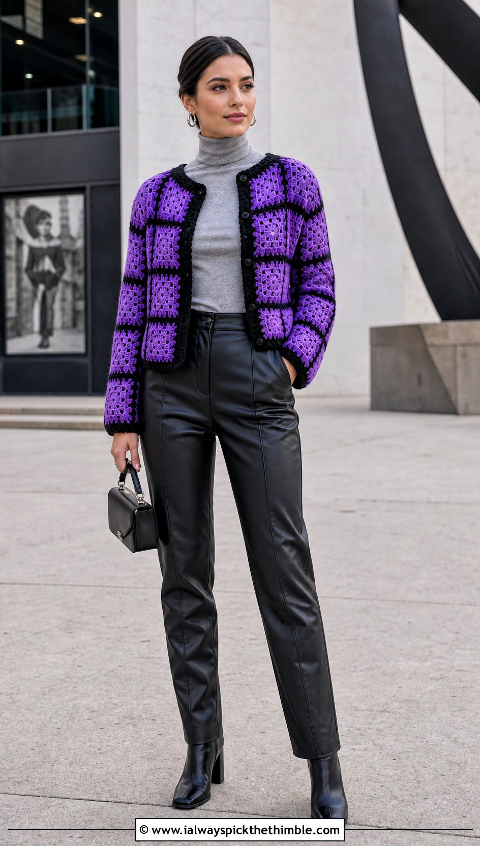 Checkerboard Granny Square Cardigan With Leather Pants - 20 Crochet Fall Granny Square Cardigan outfit ideas