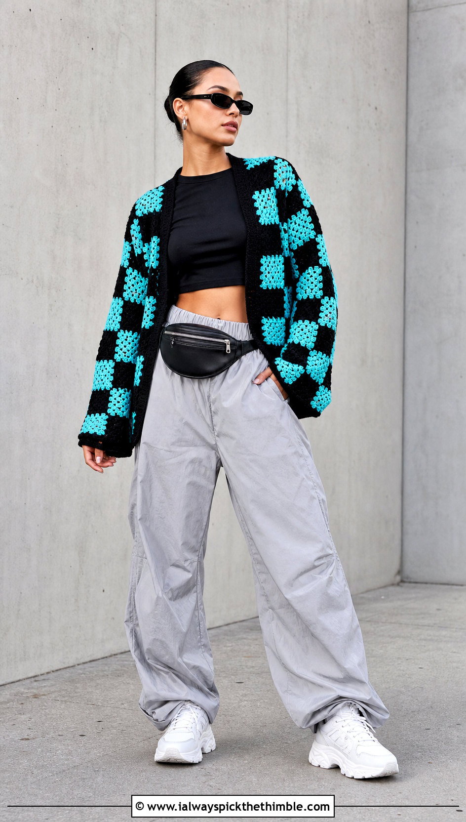 Checkerboard Granny Square Cardigan With Parachute Pants - 20 Oversized Granny Square Cardigan outfit ideas