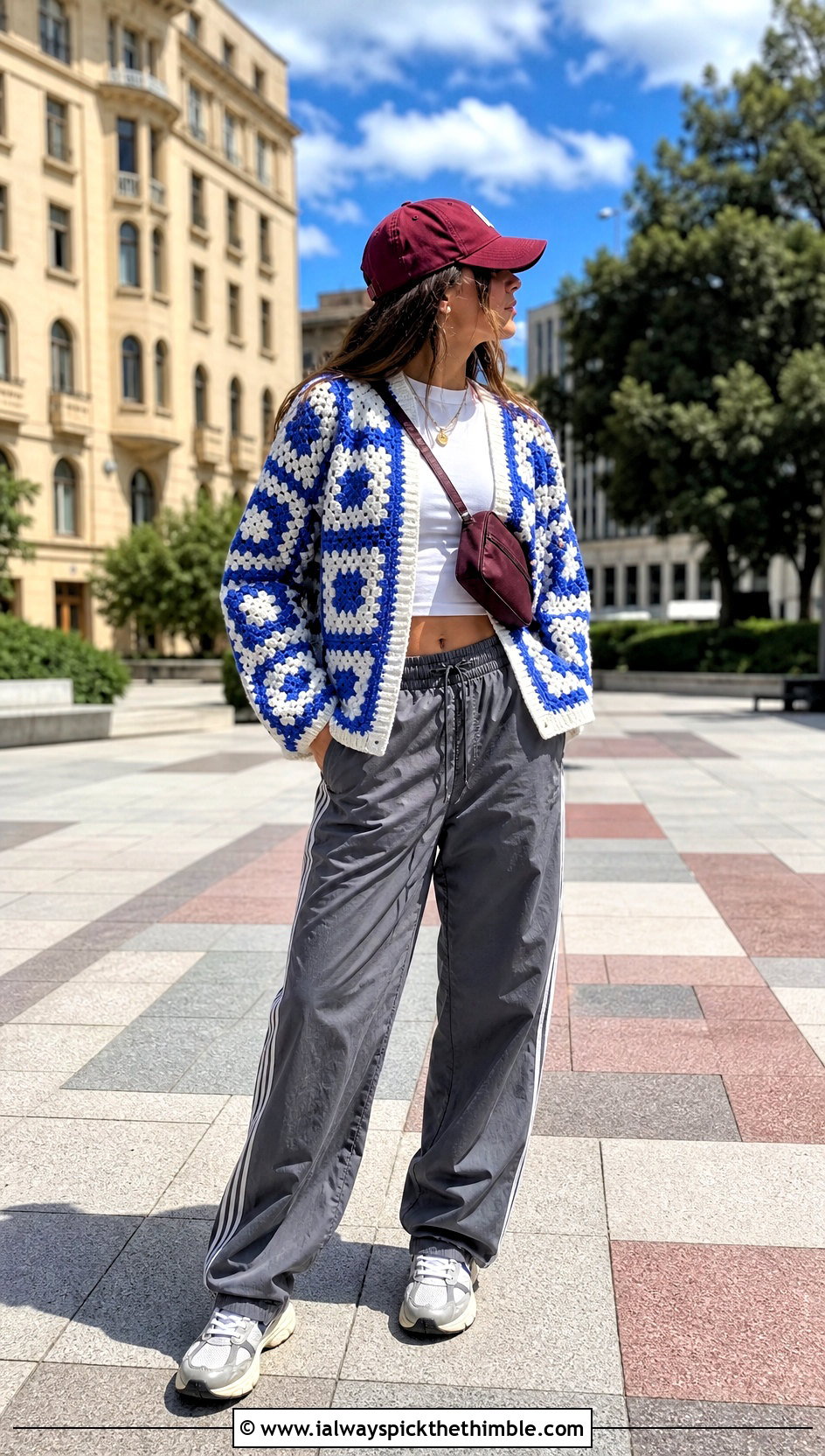 Checkerboard Granny Square Cardigan With Track Pants - 20 For Granny Square Cardigan outfit ideas