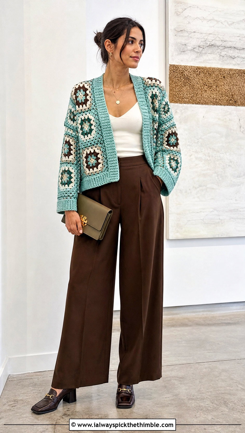 Checkerboard Granny Square Cardigan With Wide Leg Trousers - 25 granny square crochet sweater outfit ideas