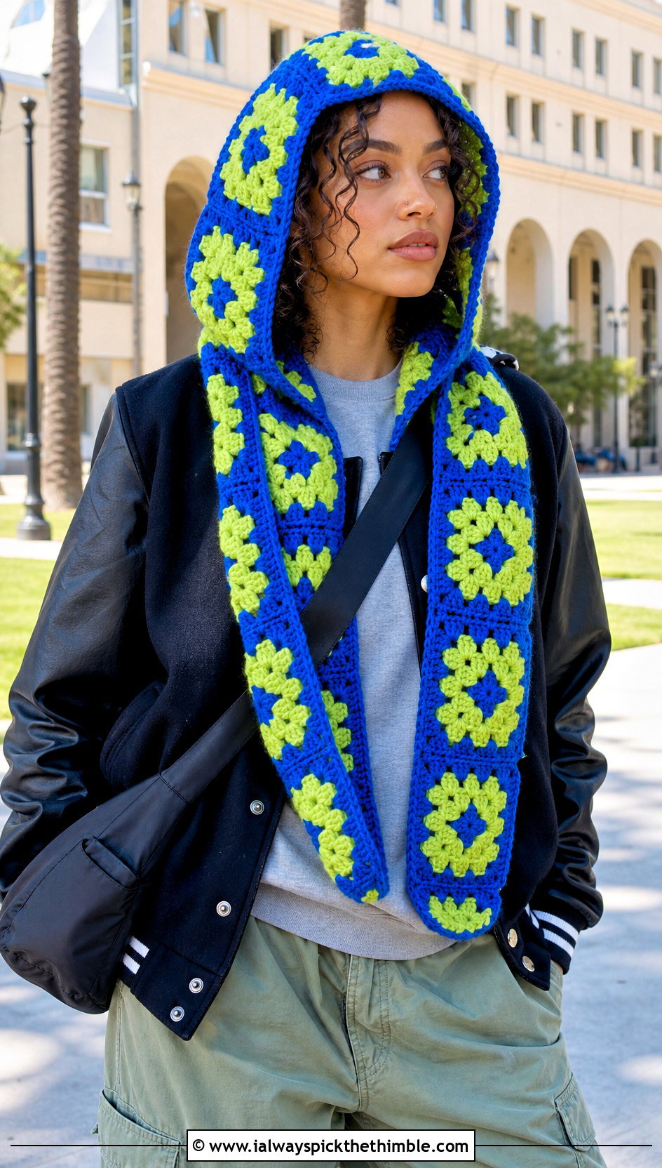 Checkerboard Granny Square Crochet Hooded Scarf With Varsity Jacket - 20 Granny Square Crochet Hooded Scarf outfit ideas
