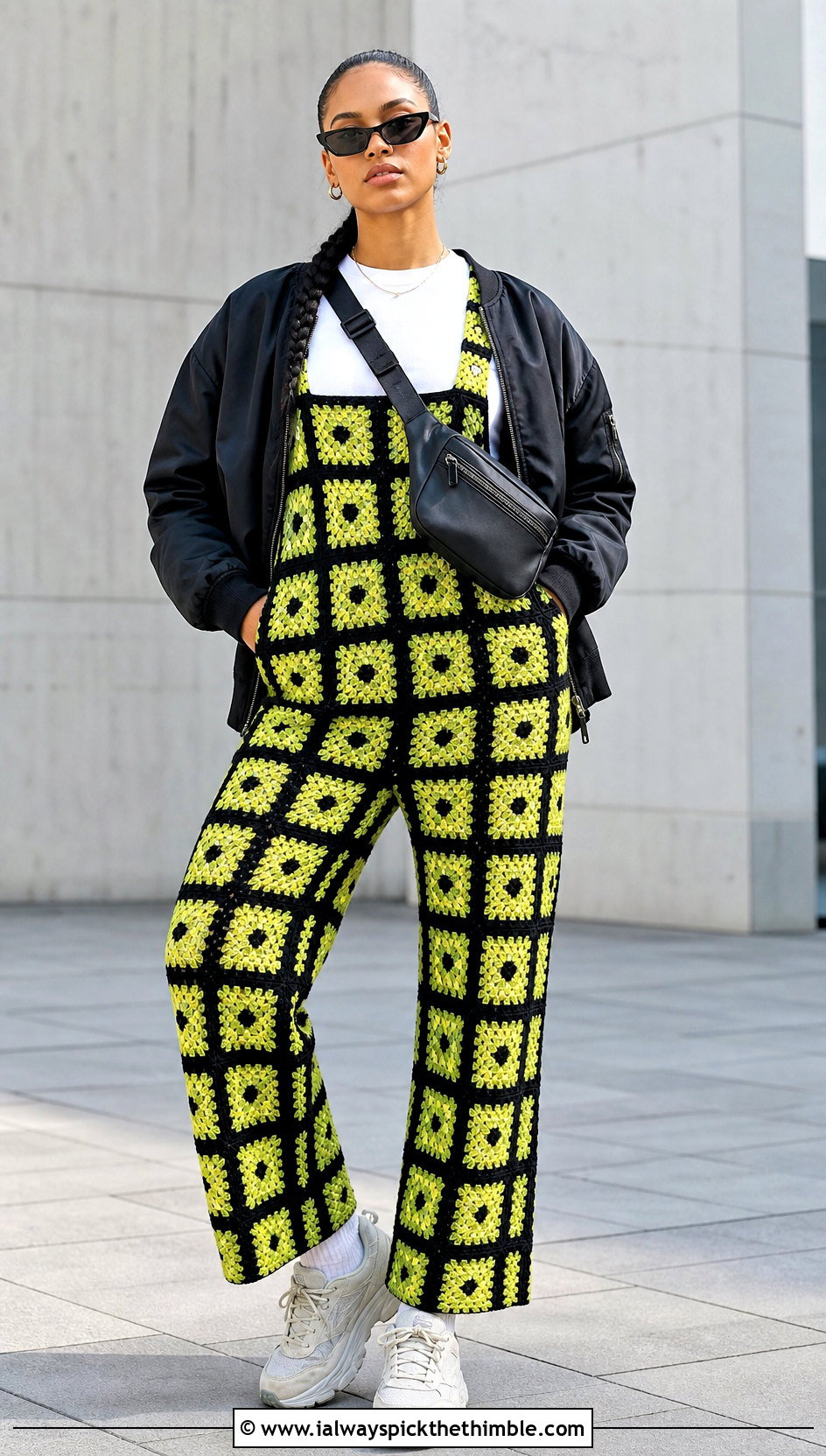 Checkerboard Granny Square Crochet Overalls With Bomber Jacket - 20 Granny Square Crochet Overalls outfit ideas