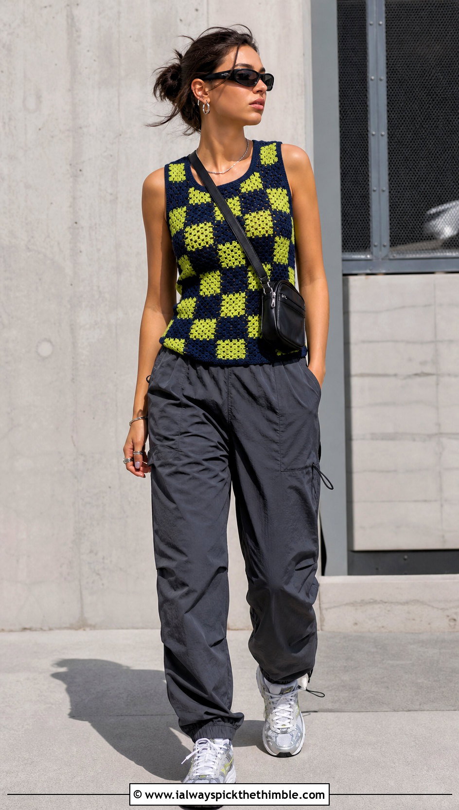 Checkerboard Granny Square Crochet Tank Top With Parachute Pants - 20 Granny Square Crochet Tank Top outfit ideas