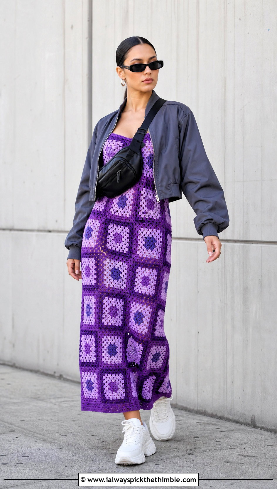 Checkerboard Granny Square Dress With Bomber Jacket - 20 Granny Square Crochet Dress outfit ideas