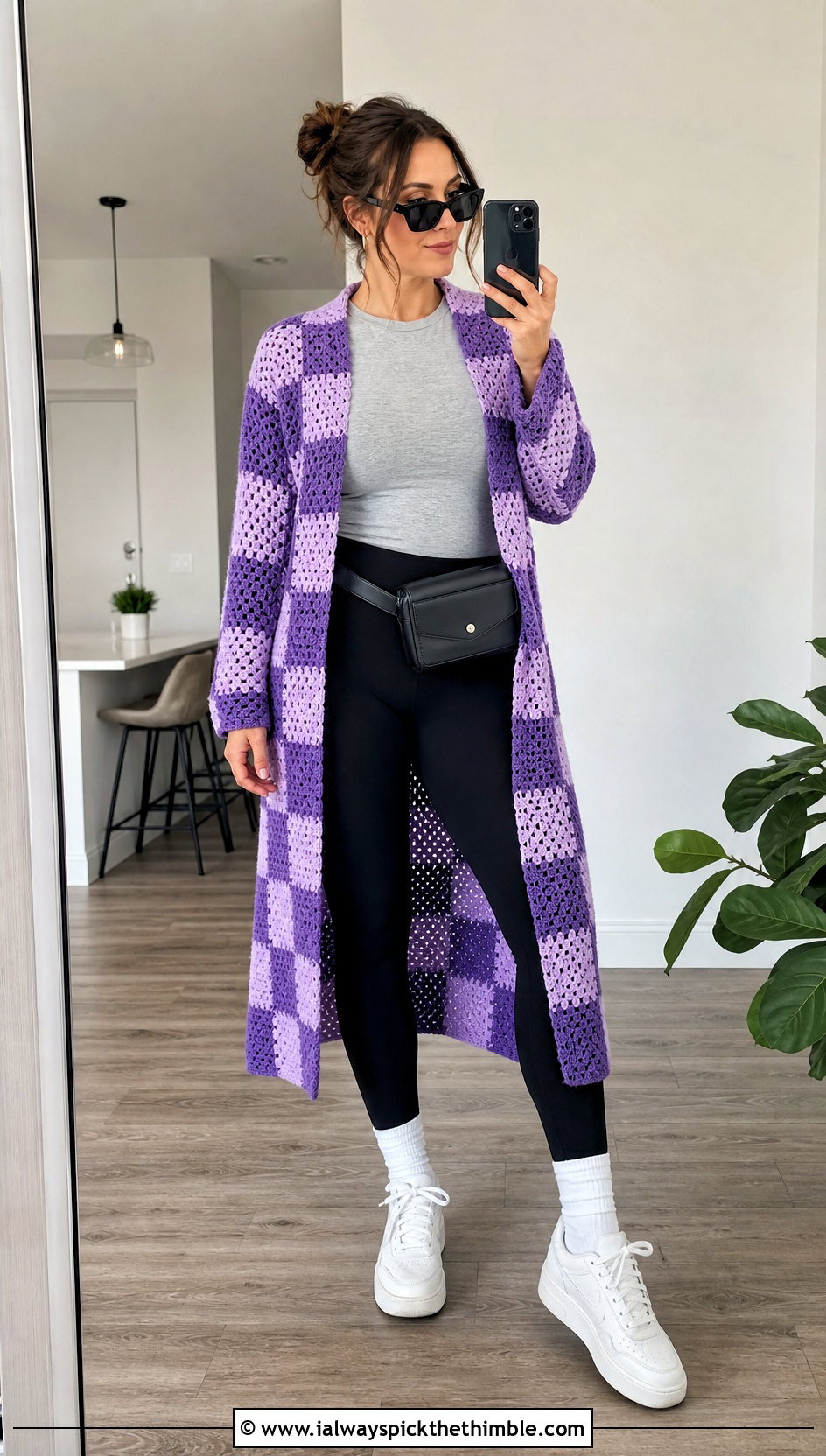 Checkerboard Granny Square Duster With Black Leggings - 25 granny square duster outfit ideas