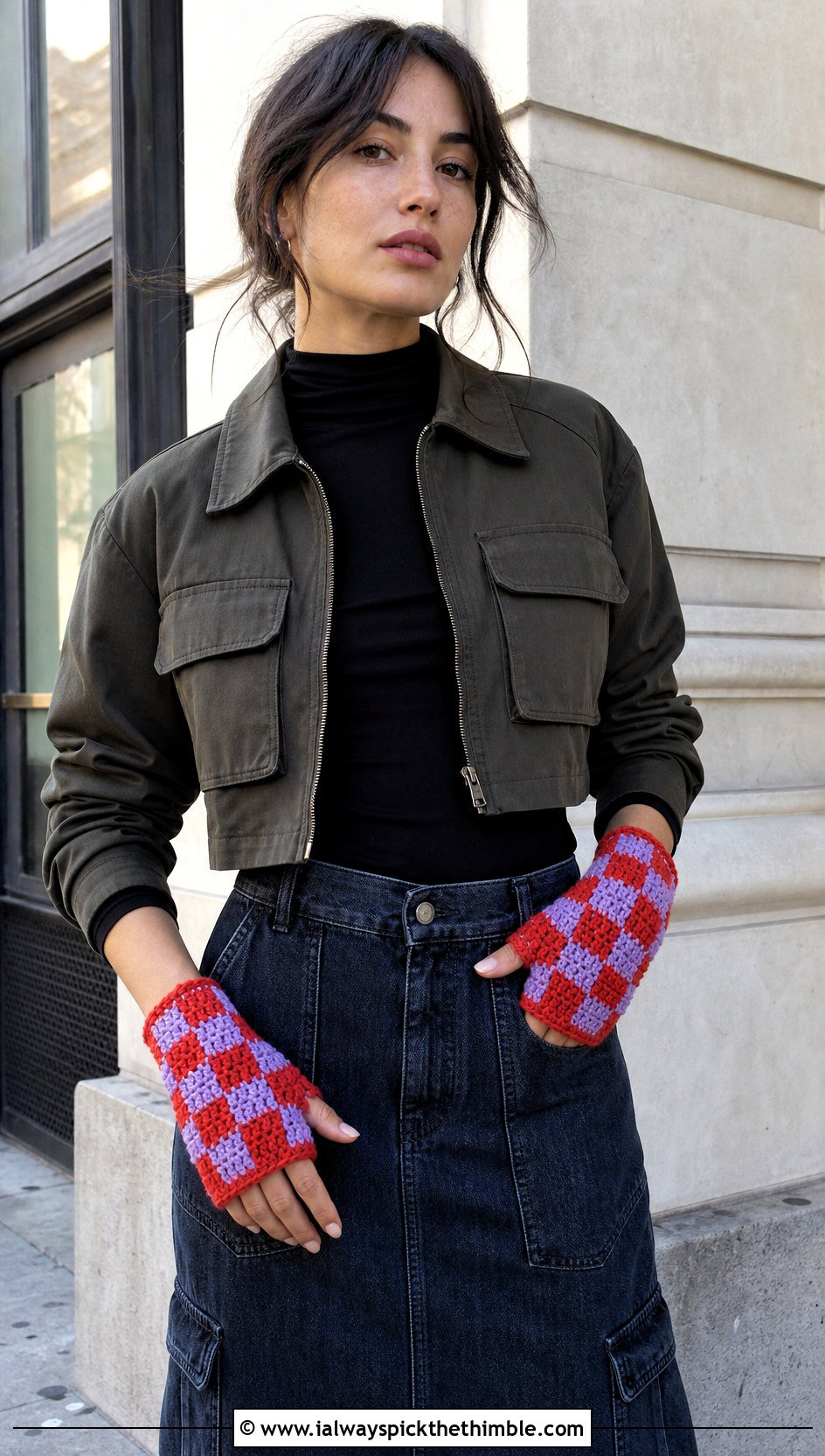 Checkerboard Granny Square Fingerless Gloves With Denim Skirt - 25 granny square fingerless gloves outfit ideas