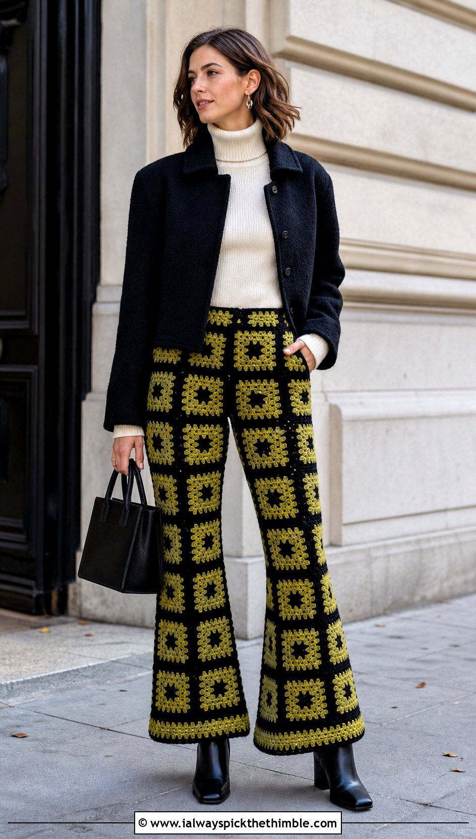 Checkerboard Granny Square Flare Pants With Turtleneck And Boots - 20 Granny Square Crochet Pants outfit ideas