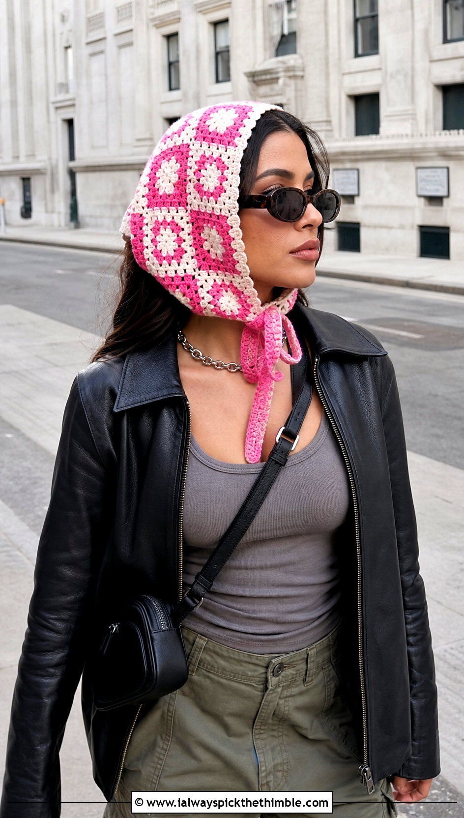 Checkerboard Granny Square Head Scarf With Leather Jacket - 25 granny square head scarf outfit ideas