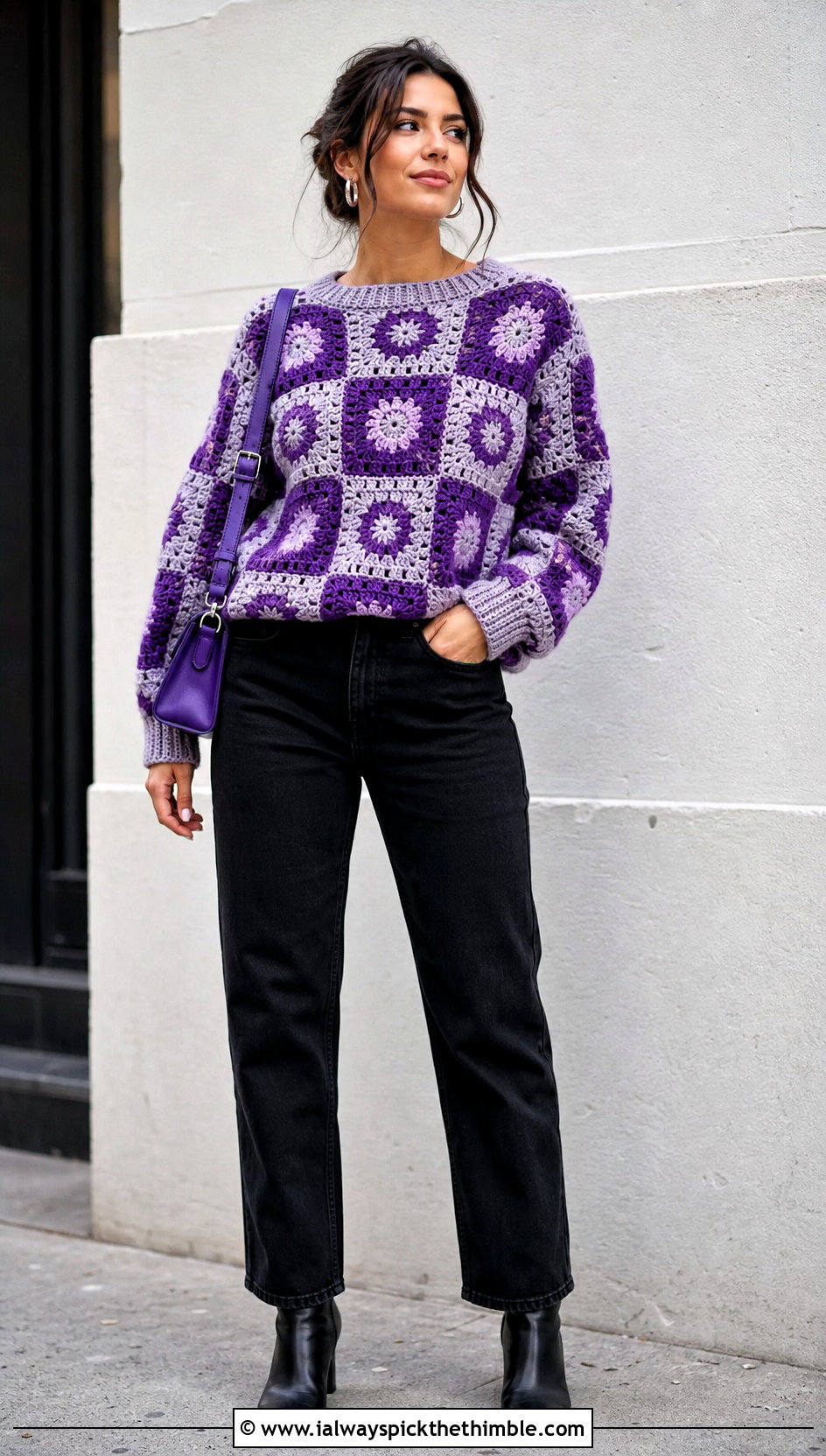 Checkerboard Granny Square Jumper With Black Jeans - 25 granny square jumper outfit ideas