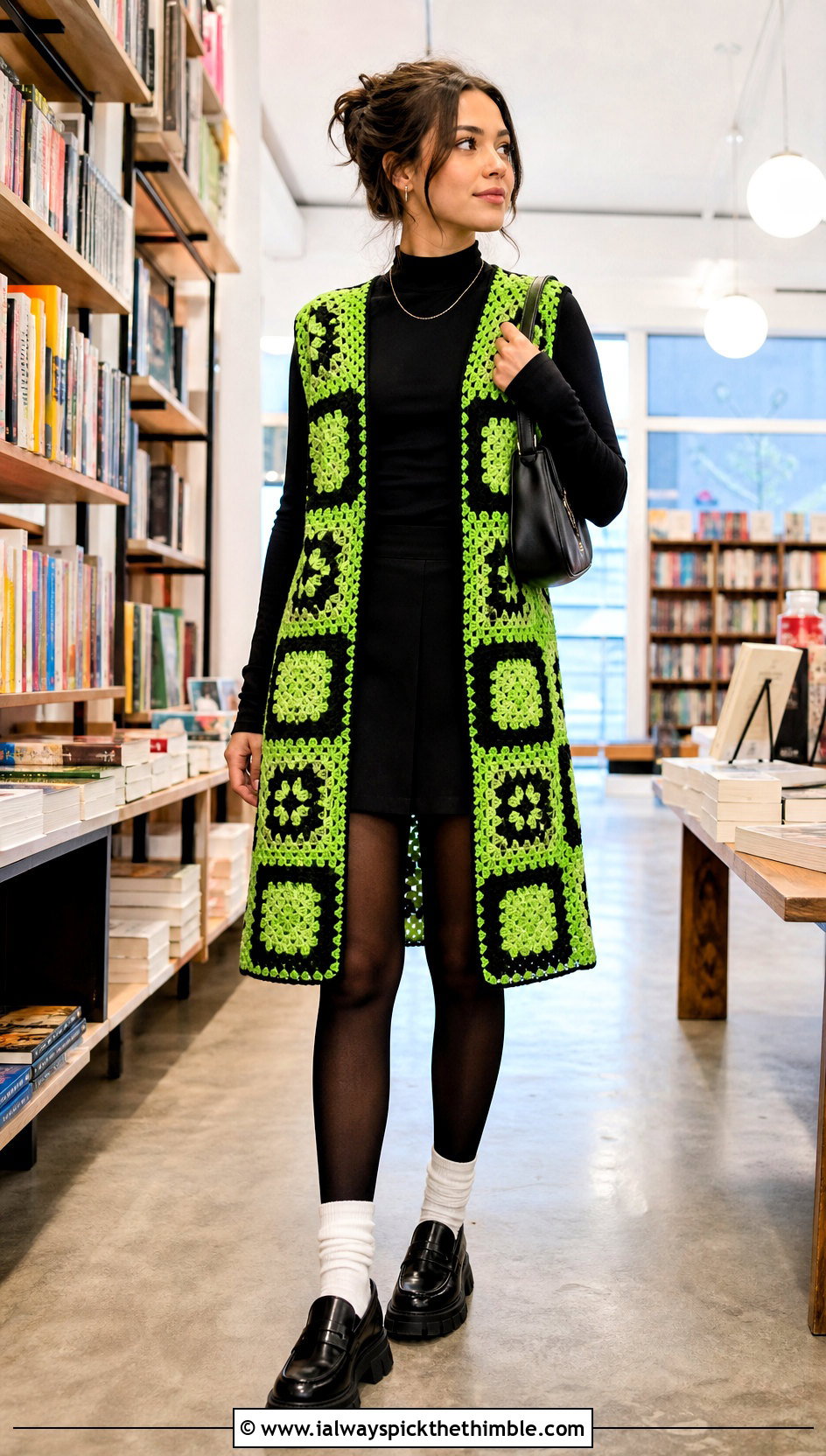 Checkerboard Granny Square Long Vest With Mini Skirt And Loafers - 20 Granny Square Long Vest outfit ideas