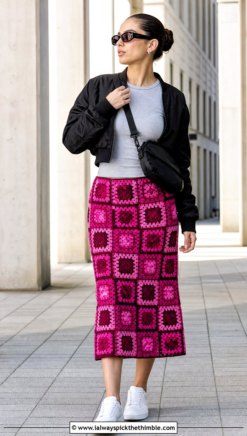 Checkerboard Granny Square Midi Skirt With Bomber Jacket - 20 granny square crochet skirt outfit ideas