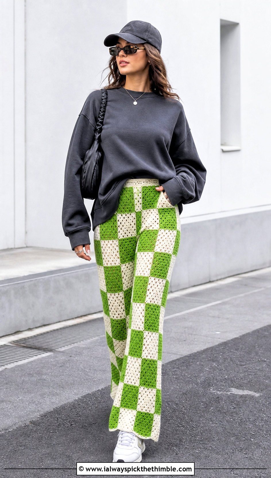 Checkerboard Granny Square Pants With Oversized Sweatshirt - 25 granny square pants outfit ideas
