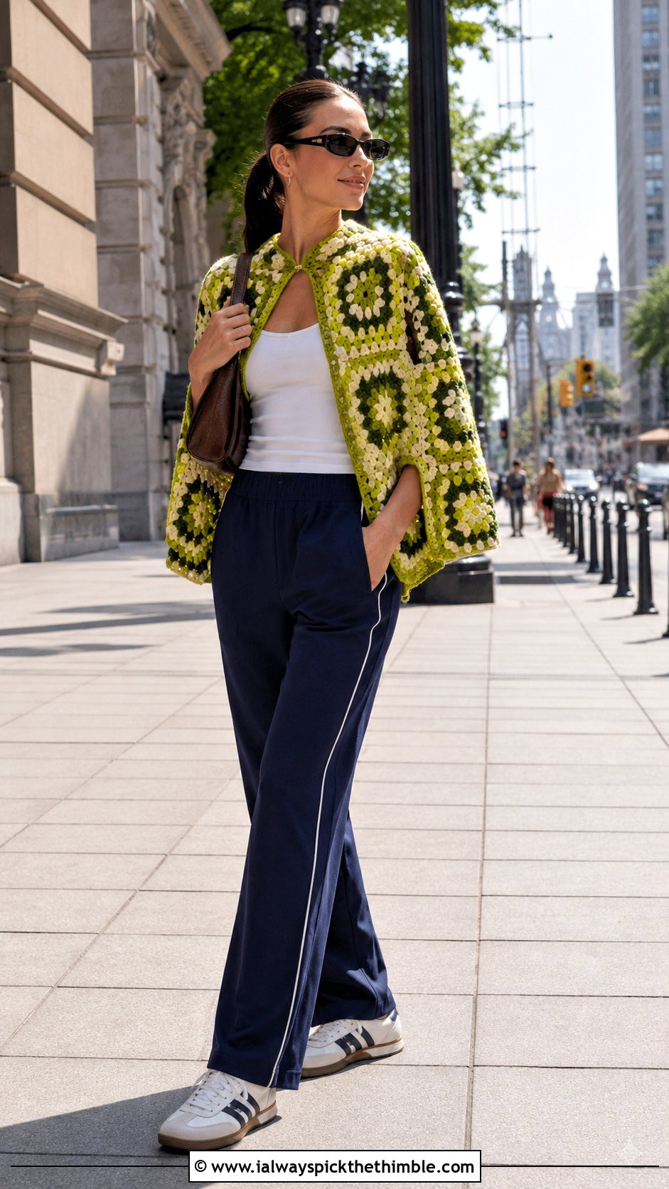 Checkerboard Granny Square Poncho With Track Pants - 25 granny square poncho outfit ideas