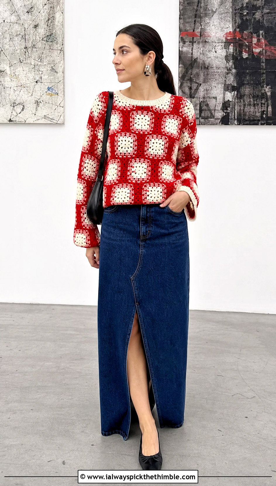 Checkerboard Granny Square Pullover With Denim Maxi Skirt - 25 crochet granny square pullover outfit ideas
