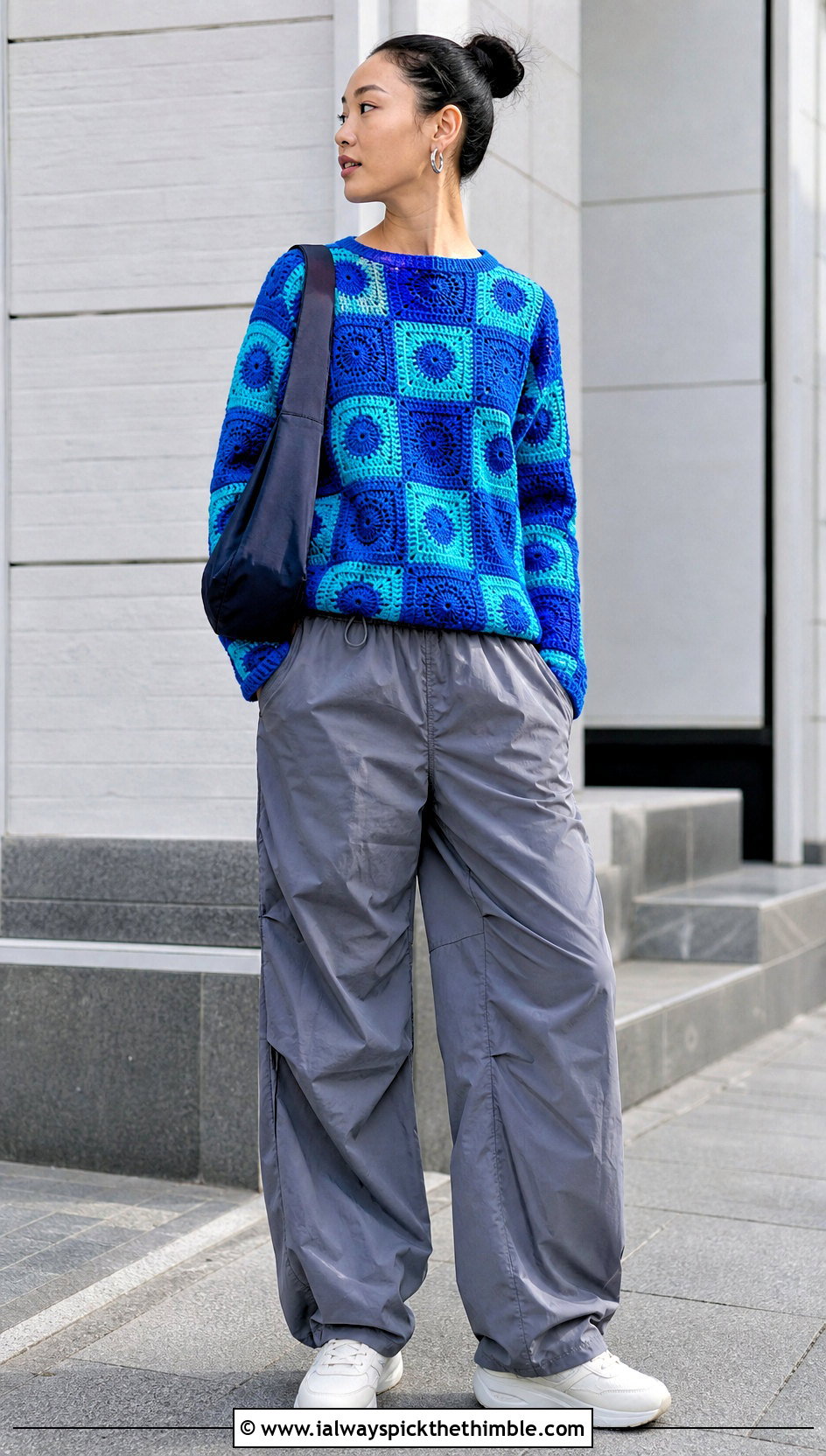 Checkerboard Granny Square Pullover With Parachute Pants - 25 granny square pullover outfit ideas