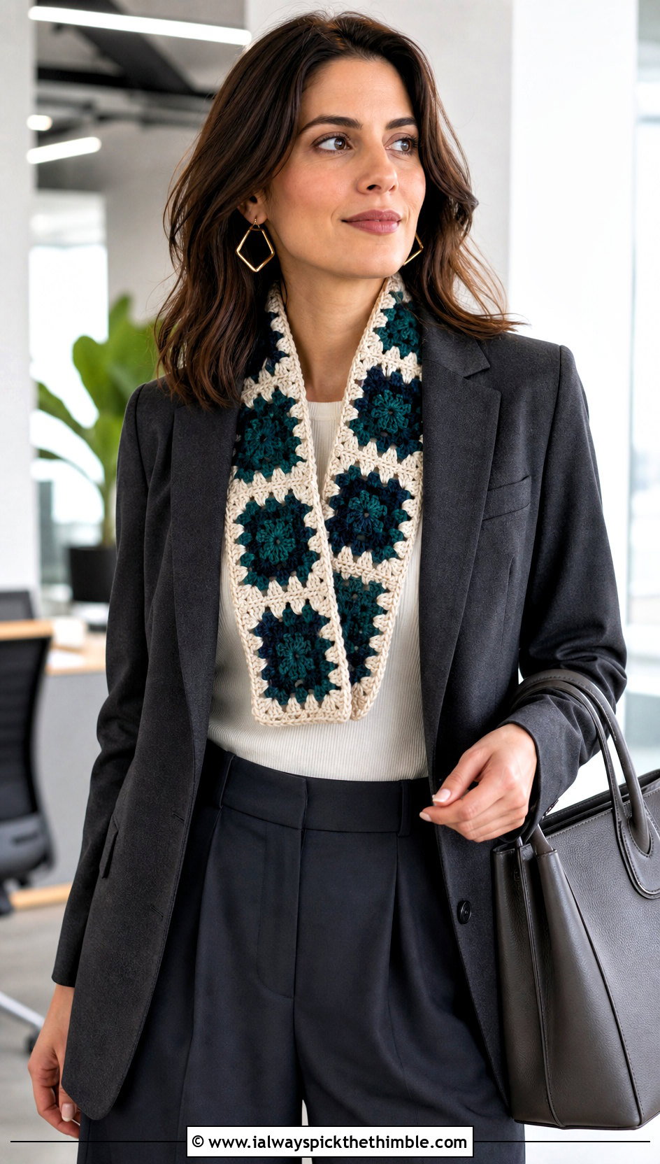 Checkerboard Granny Square Scarf With Blazer And Wide Leg Pants - 20 granny square scarves outfit ideas