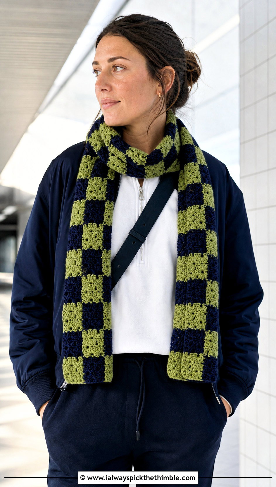 Checkerboard Granny Square Scarf With Bomber Jacket And Joggers - 20 crochet granny square scarf outfit ideas