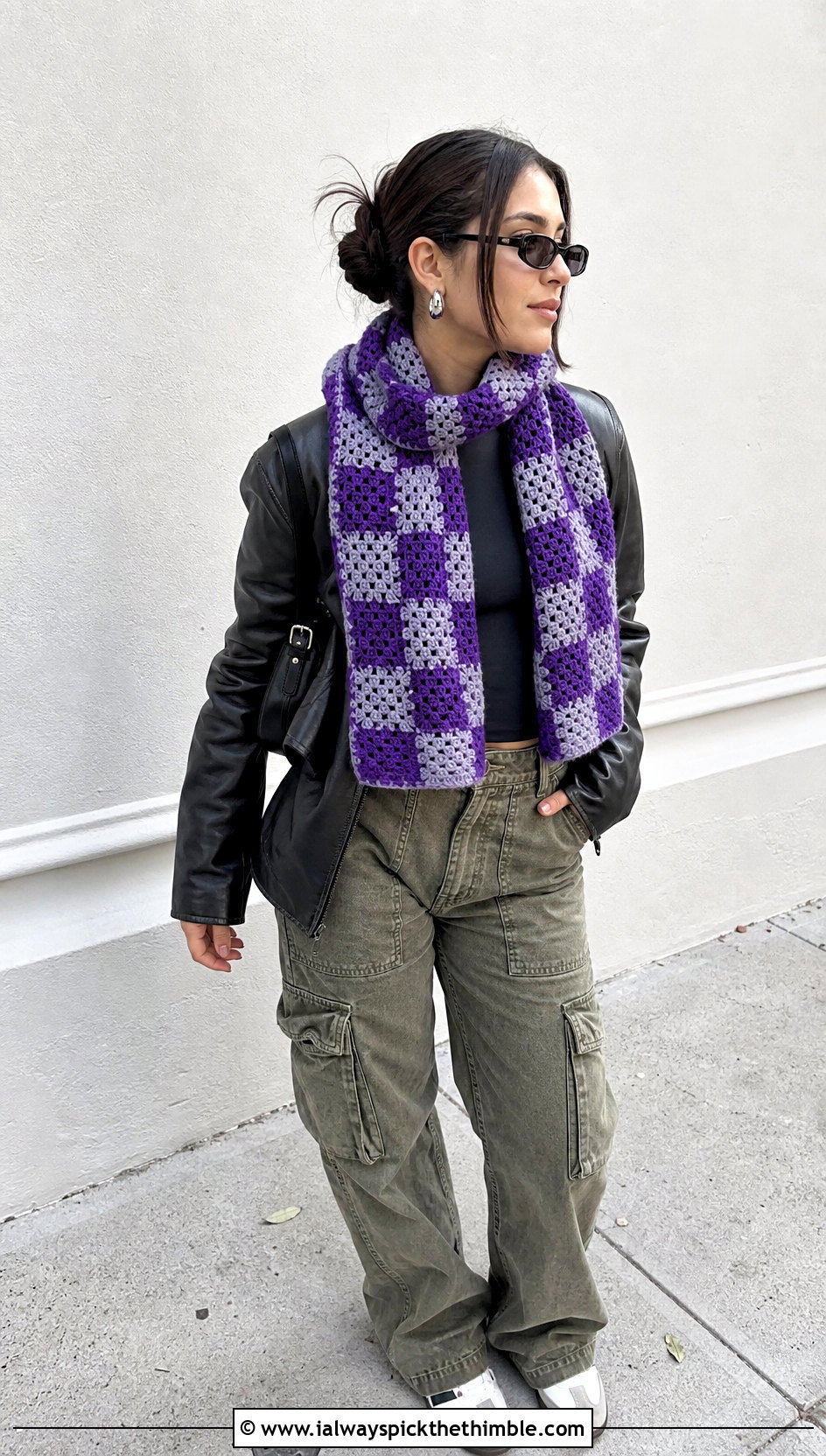 Checkerboard Granny Square Scarf With Leather Jacket And Cargo Pants - 25 granny square scarf outfit ideas