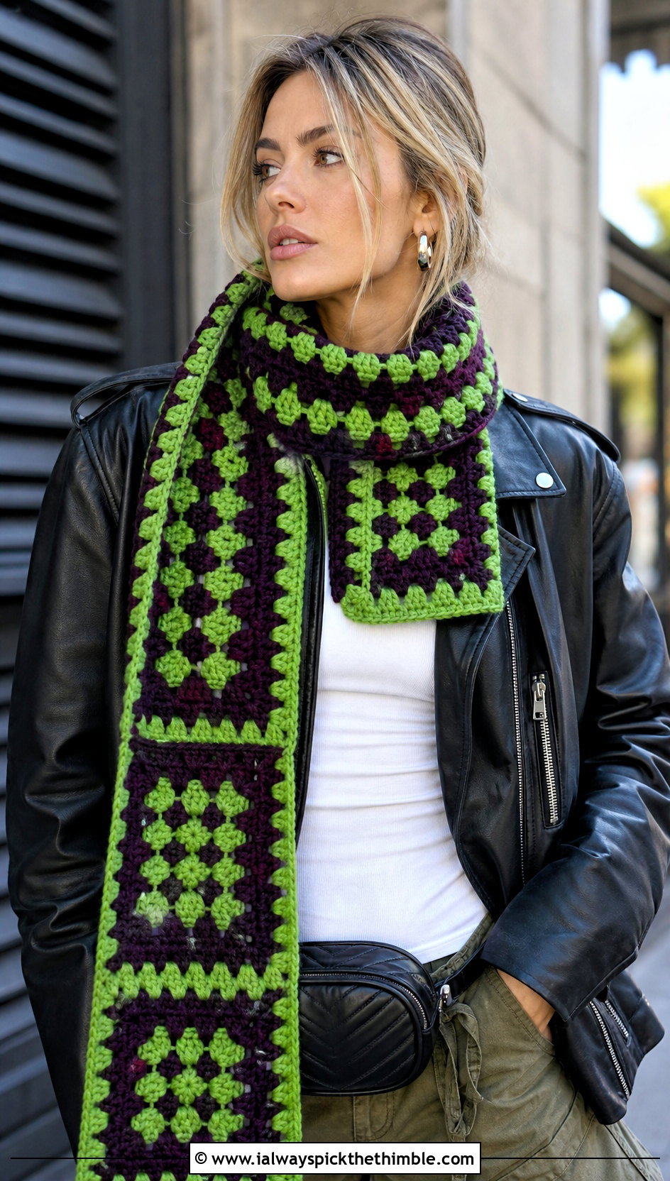 Checkerboard Granny Square Scarf With Leather Jacket And Cargo Pants - 25 granny crochet scarf outfit ideas