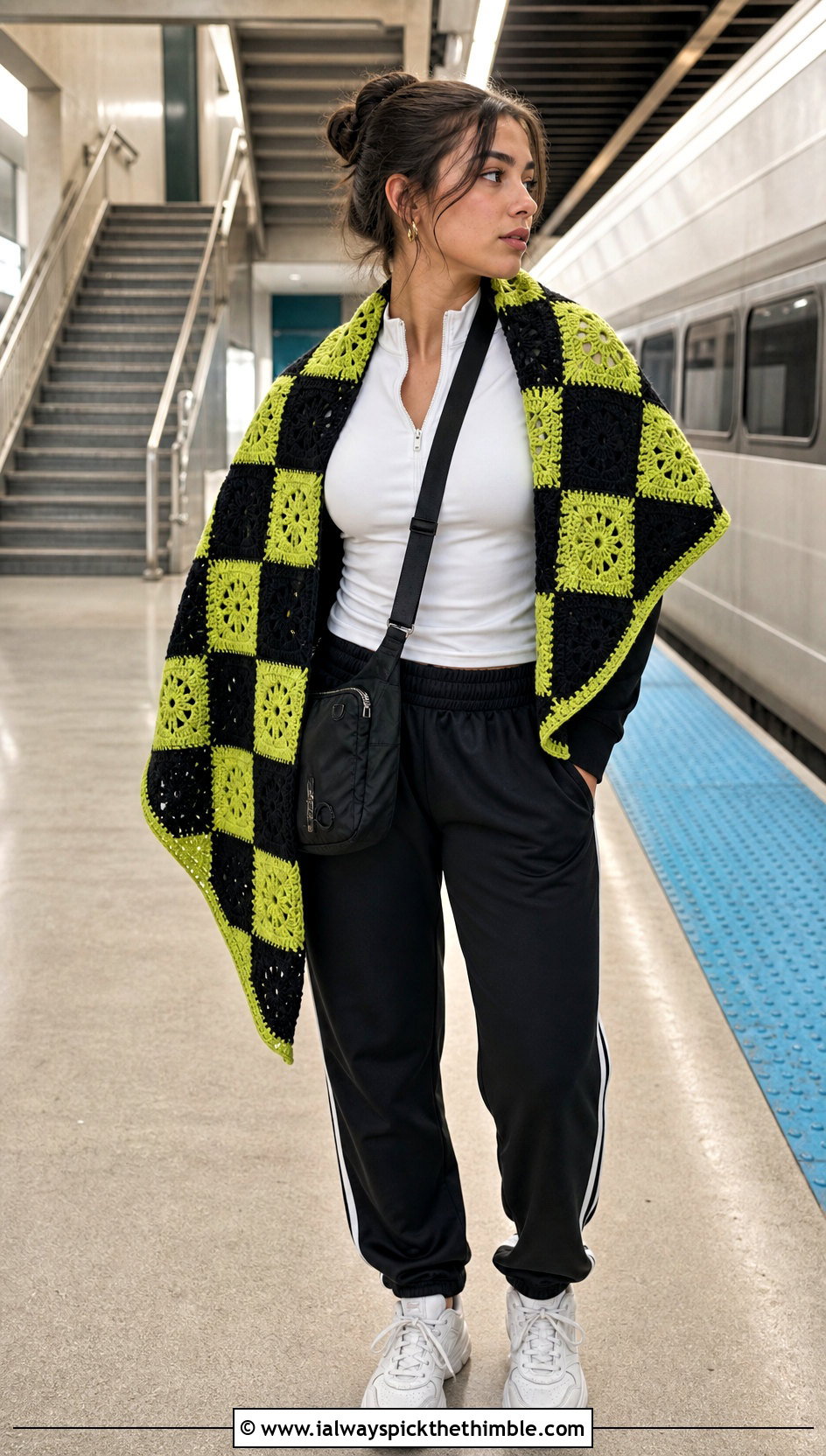 Checkerboard Granny Square Shawl With Track Pants - 25 granny square shawl outfit ideas