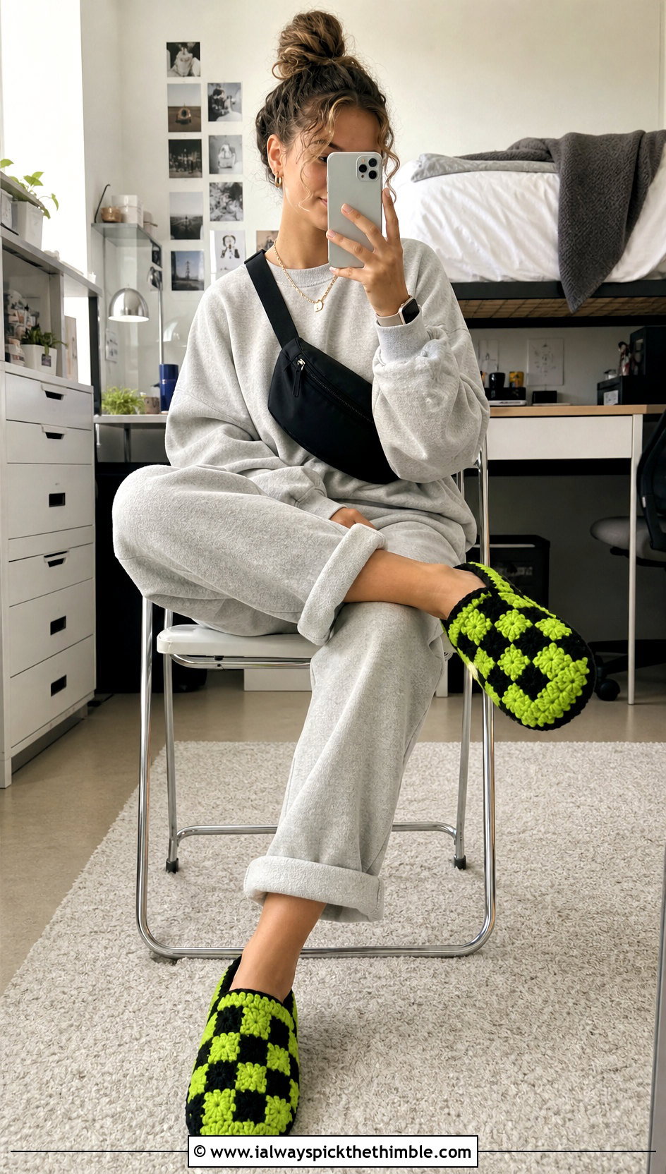 Checkerboard Granny Square Slippers With A Sweatshirt Set - 25 granny square slippers outfit ideas