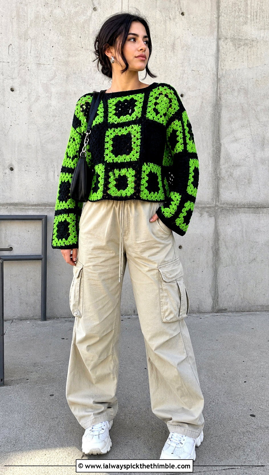 Checkerboard Granny Square Sweater With Cargo Pants - 25 granny square sweater outfit ideas