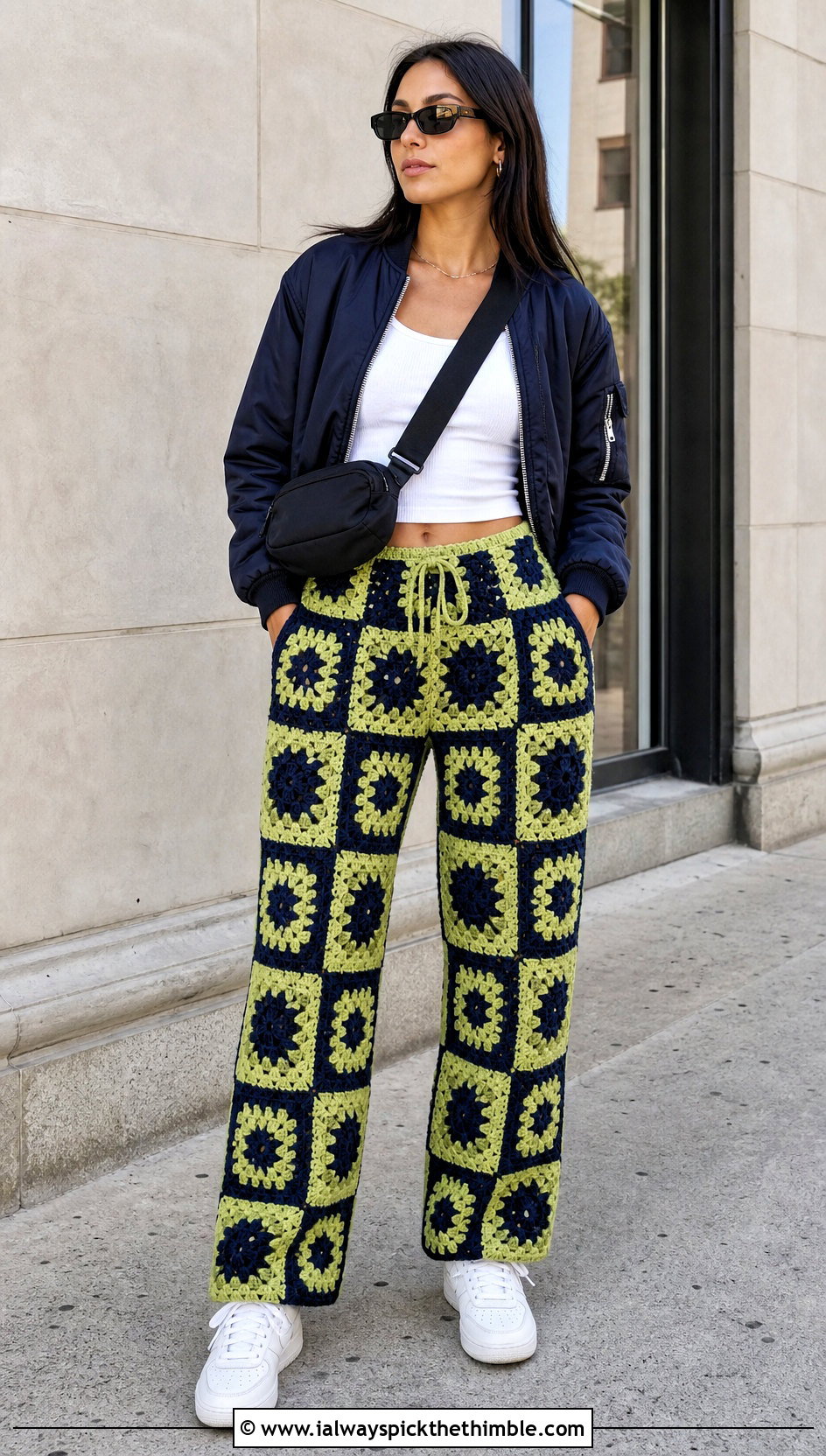 Checkerboard Granny Square Trousers With Bomber Jacket - 25 granny square trousers outfit ideas