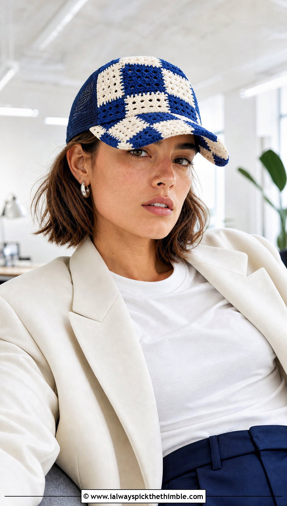 Checkerboard Granny Square Trucker Hat With Blazer And Trousers - 25 granny square trucker hat outfit ideas