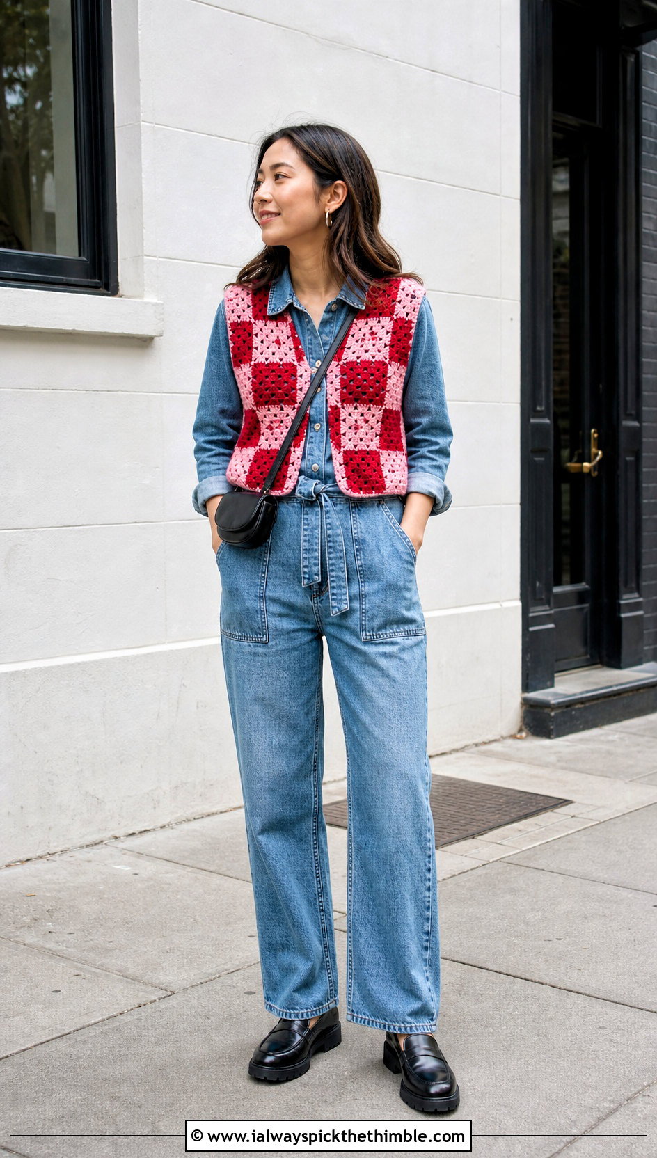 Checkerboard Granny Square Vest With a Denim Jumpsuit - 20 Granny Squares Vest outfit ideas