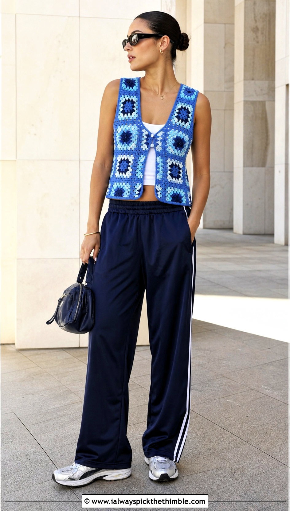 Checkerboard Granny Square Waistcoat With Track Pants - 20 crochet granny square waistcoat outfit ideas