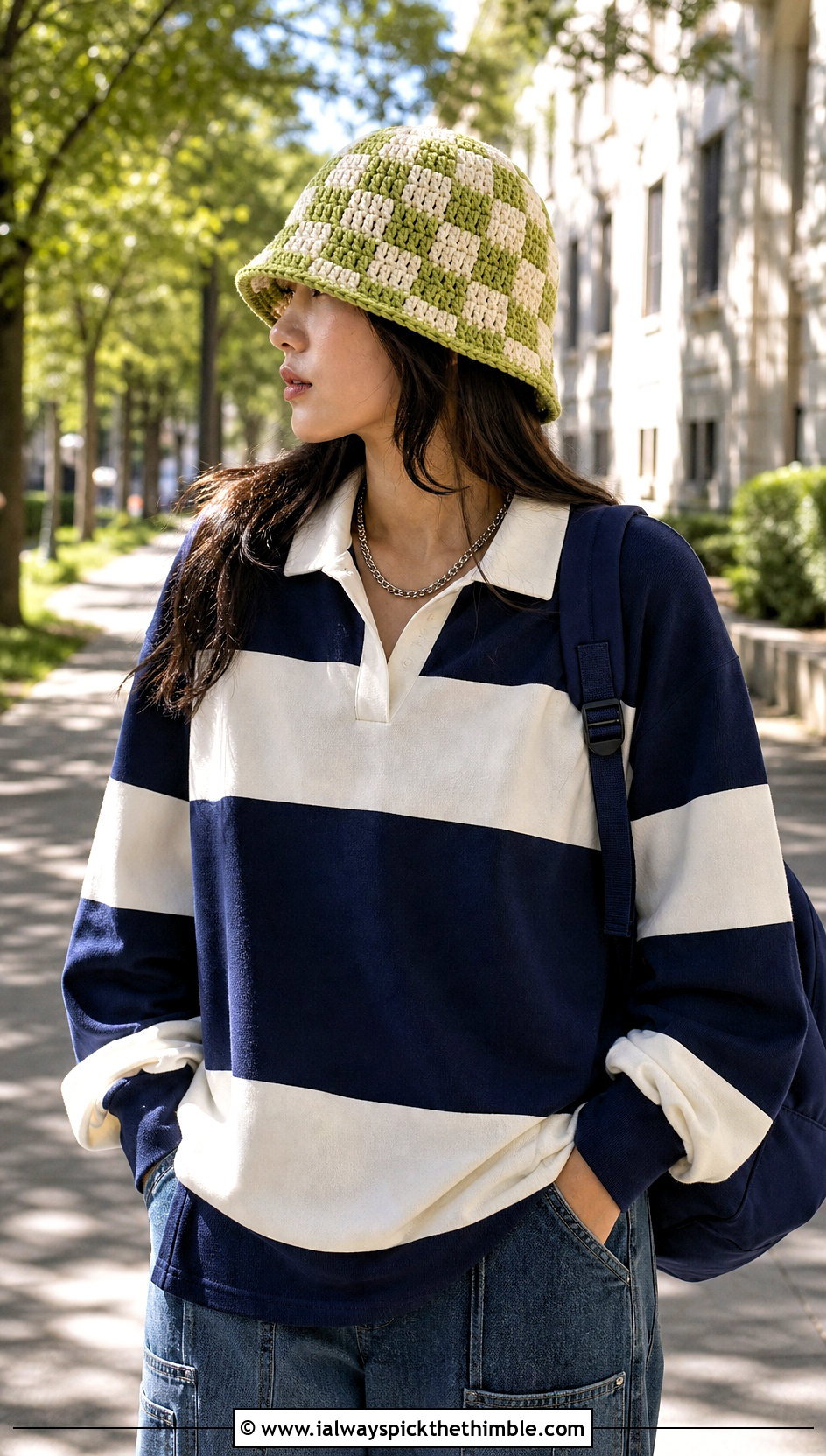 Checkerboard Granny Stitch Bucket Hat With Rugby Shirt And Carpenter Jeans - 20 crochet granny stitch bucket hat outfit ideas