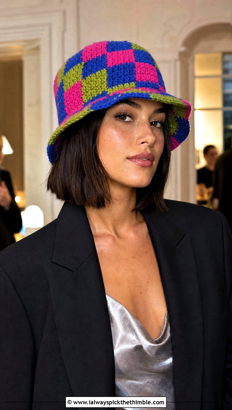 Checkerboard HDC Bucket Hat With Blazer And Slip Dress - 20 hdc crochet hat outfit ideas