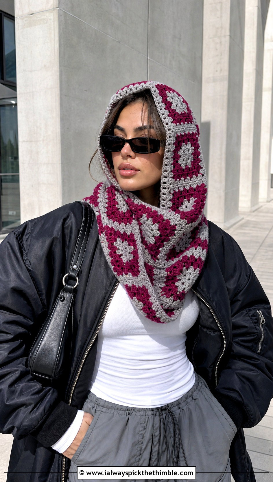 Checkerboard Hood Scarf With Bomber Jacket - 25 crochet hood scarf outfit ideas