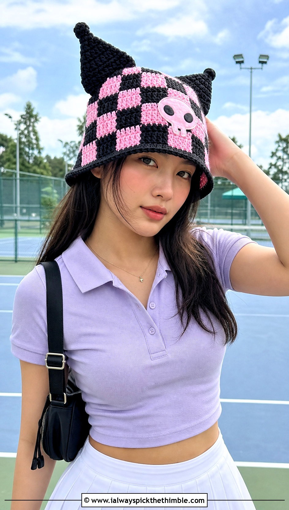 Checkerboard Kuromi Crochet Bucket Hat With Tennis Skirt - 15 Kuromi Crochet Bucket Hat outfit ideas