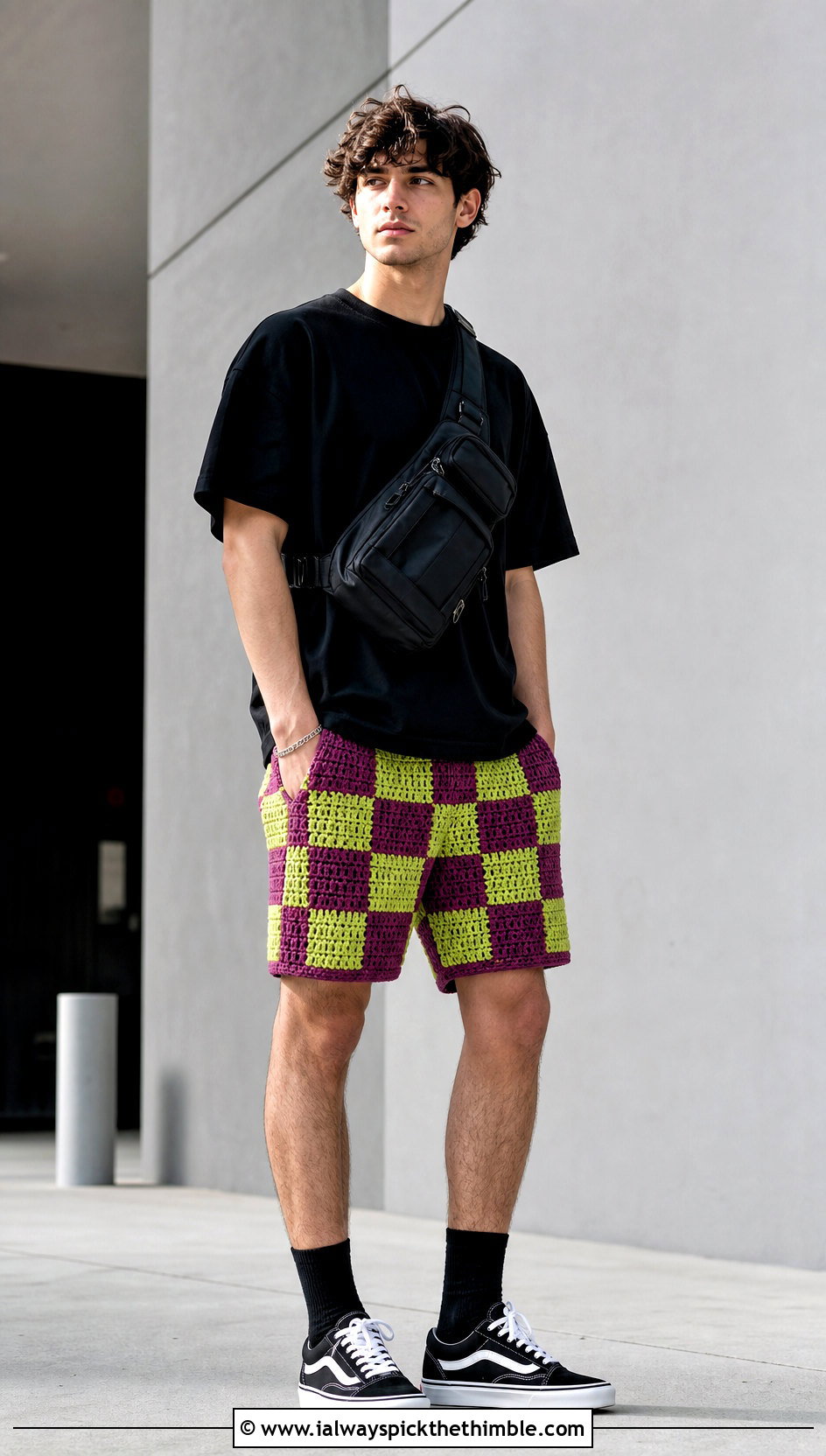 Checkerboard Mens Crochet Shorts With Black T Shirt - 25 Crochet Mens Shorts outfit ideas