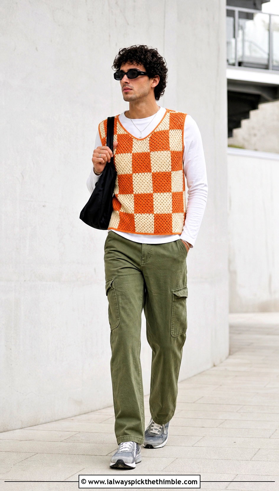 Checkerboard Mens Crochet Vest With Cargo Pants - 20 men's crochet vest outfit ideas