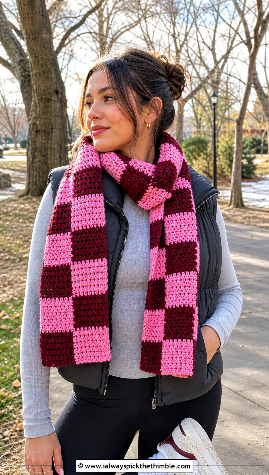 Checkerboard Mosaic Crochet Scarf With Puffer Vest - 20 Mosaic Crochet Scarf outfit ideas