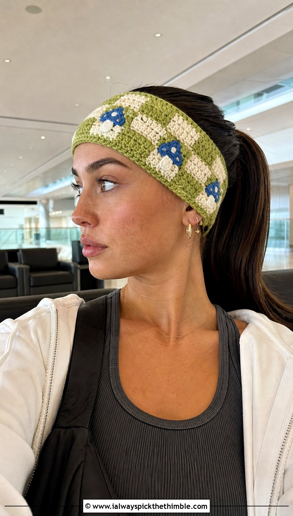 Checkerboard Mushroom Crochet Headband With Track Pants - 20 mushroom crochet headband outfit ideas