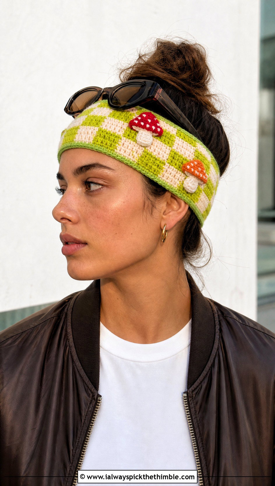 Checkerboard Mushroom Headband With Cargo Pants - 20 Crochet Mushroom Headband outfit ideas