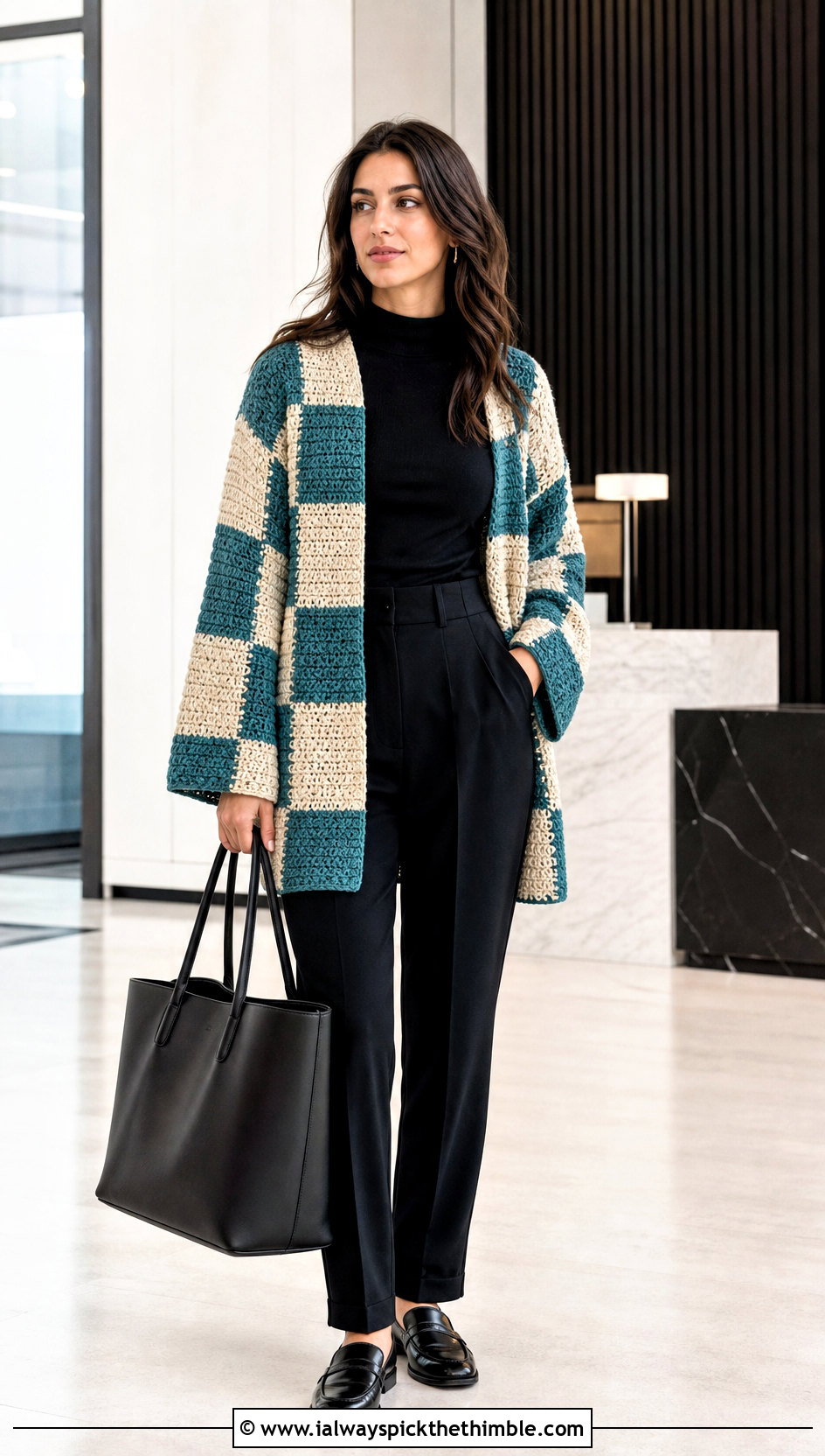 Checkerboard Oversized Patchwork Crochet Cardigan With Black Trousers - 15 oversized patchwork crochet cardigan outfit ideas