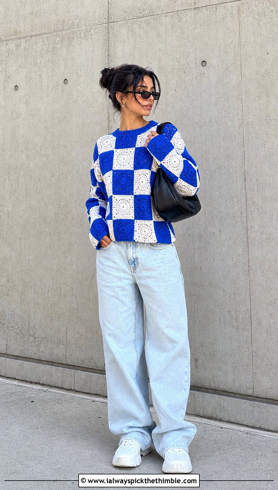 Checkerboard Panel Sweater With Baggy Jeans - 20 crochet panel sweater outfit ideas