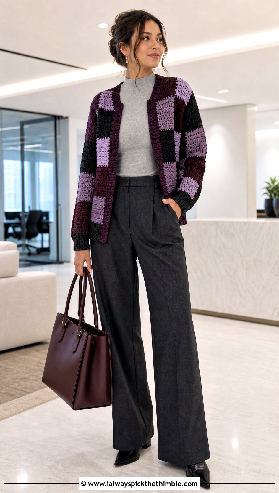 Checkerboard Patchwork Cardigan With Tailored Trousers - 20 crochet patch work cardigan outfit ideas
